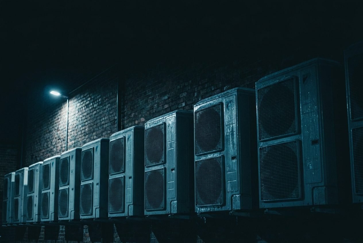 A row of air source heat pump outdoor units against a brick wall
