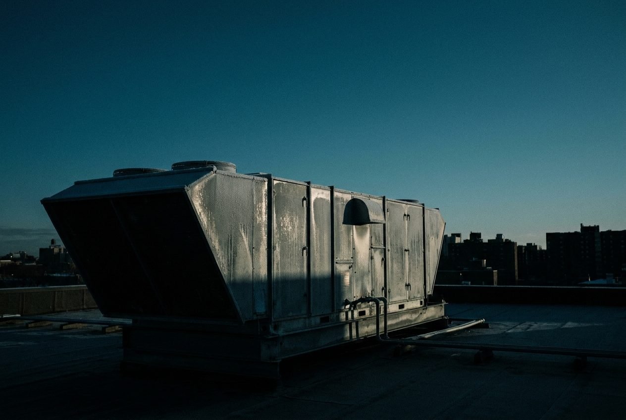 A rooftop air handling unit at dawn