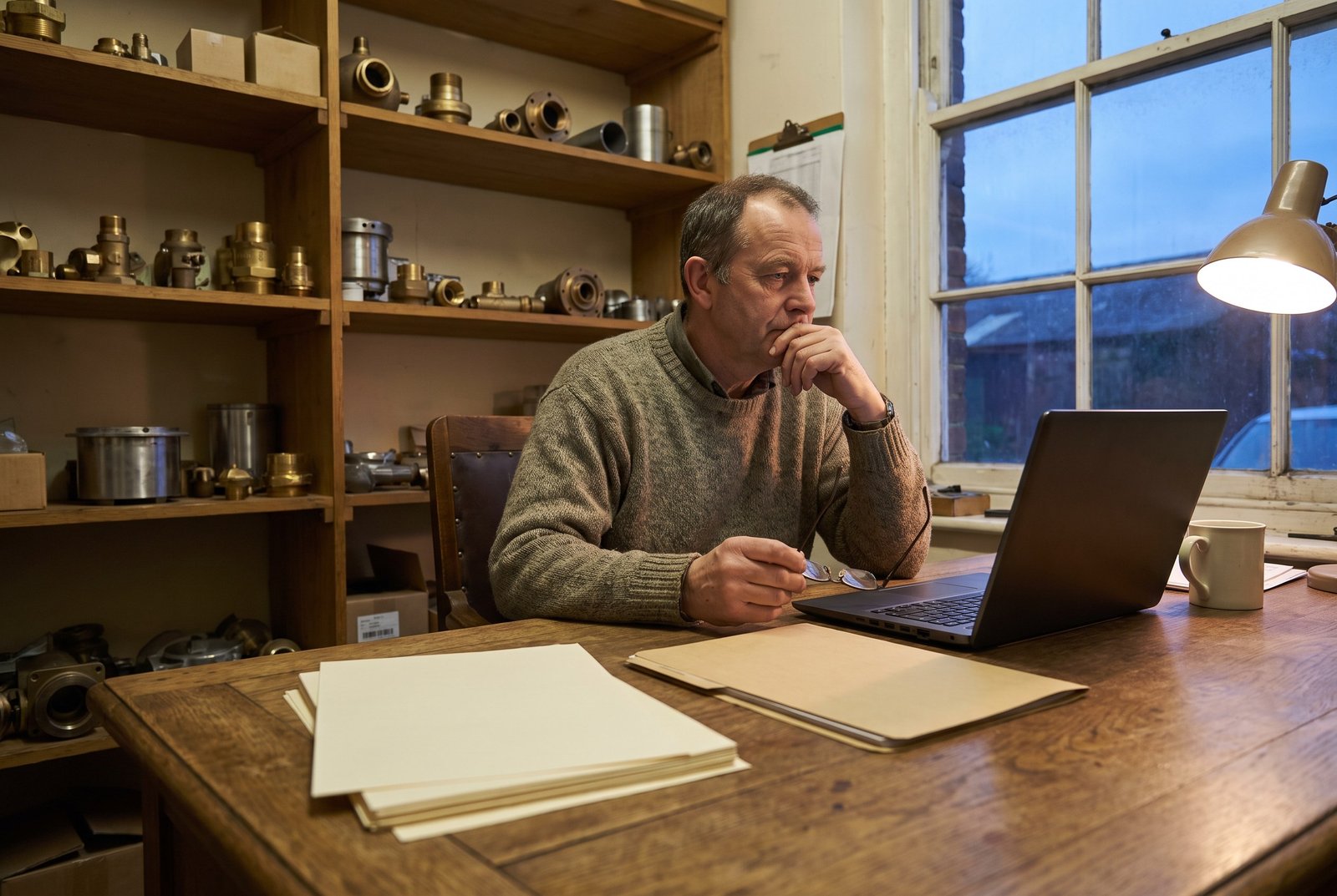Business owner reviewing paperwork with calculator and accounts