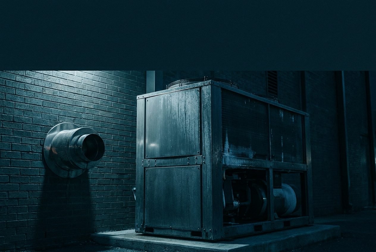 An air source heat pump outdoor unit beside a boiler flue terminal on an exterior wall