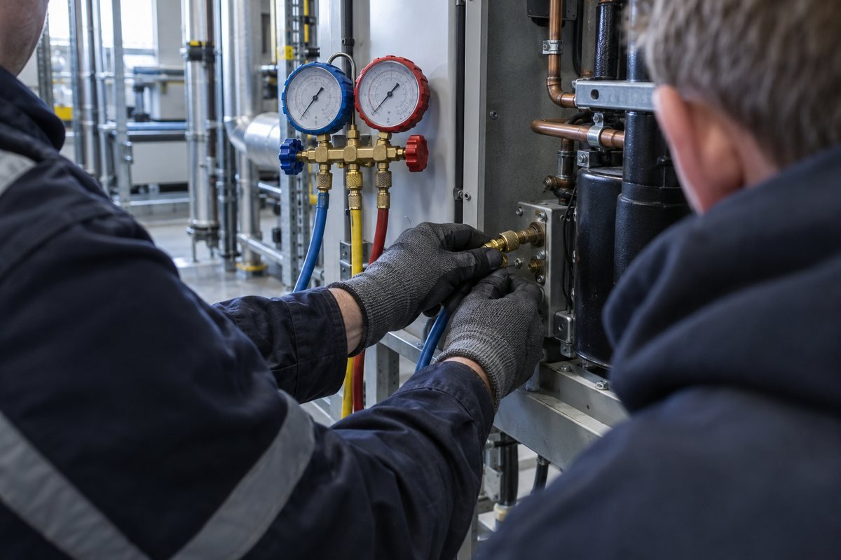 Engineer testing a commercial unit with refrigerant gauges as an apprentice watches