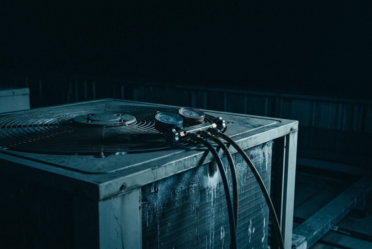 Refrigerant gauges resting on top of a condenser unit