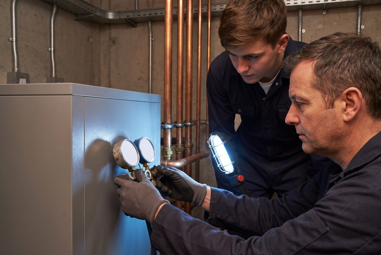 HVAC engineer servicing a commercial heat pump unit