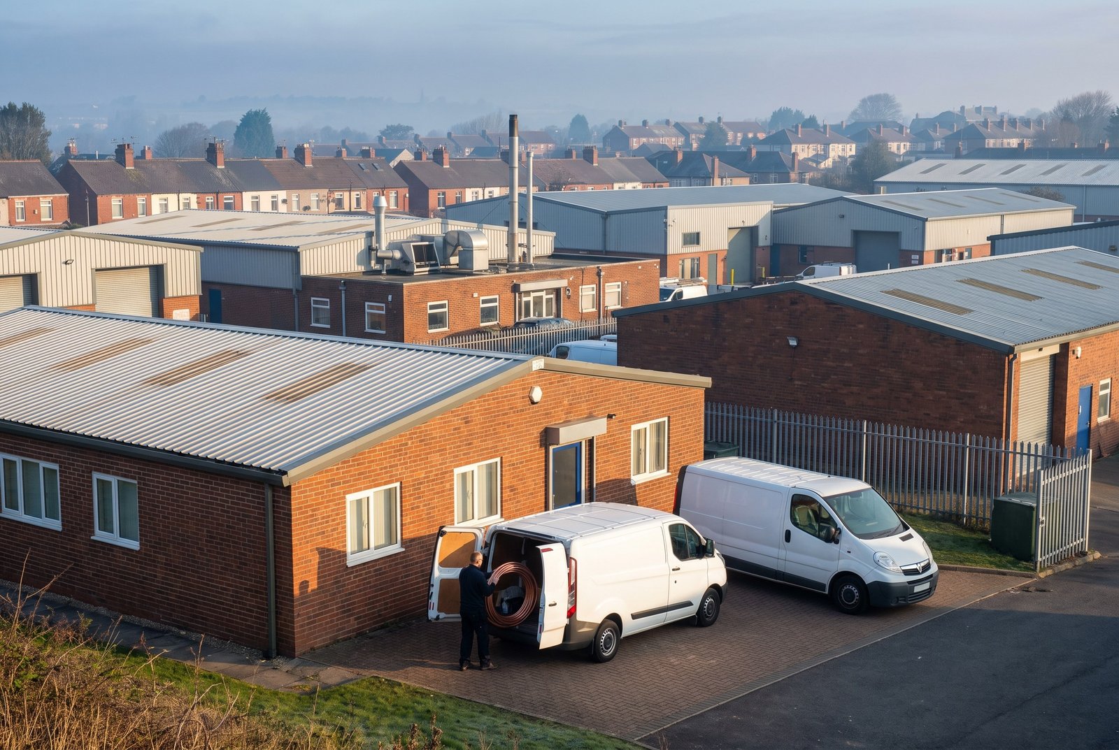 Commercial rooftop HVAC plant on a UK industrial building